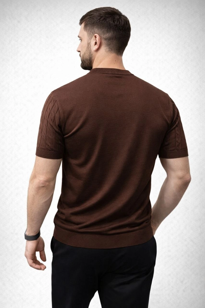 Erkek Yazlık Triko Dokuma Tişört Kısa Kol Bisiklet Yaka Örgü Desenli T-Shirt - Kahverengi