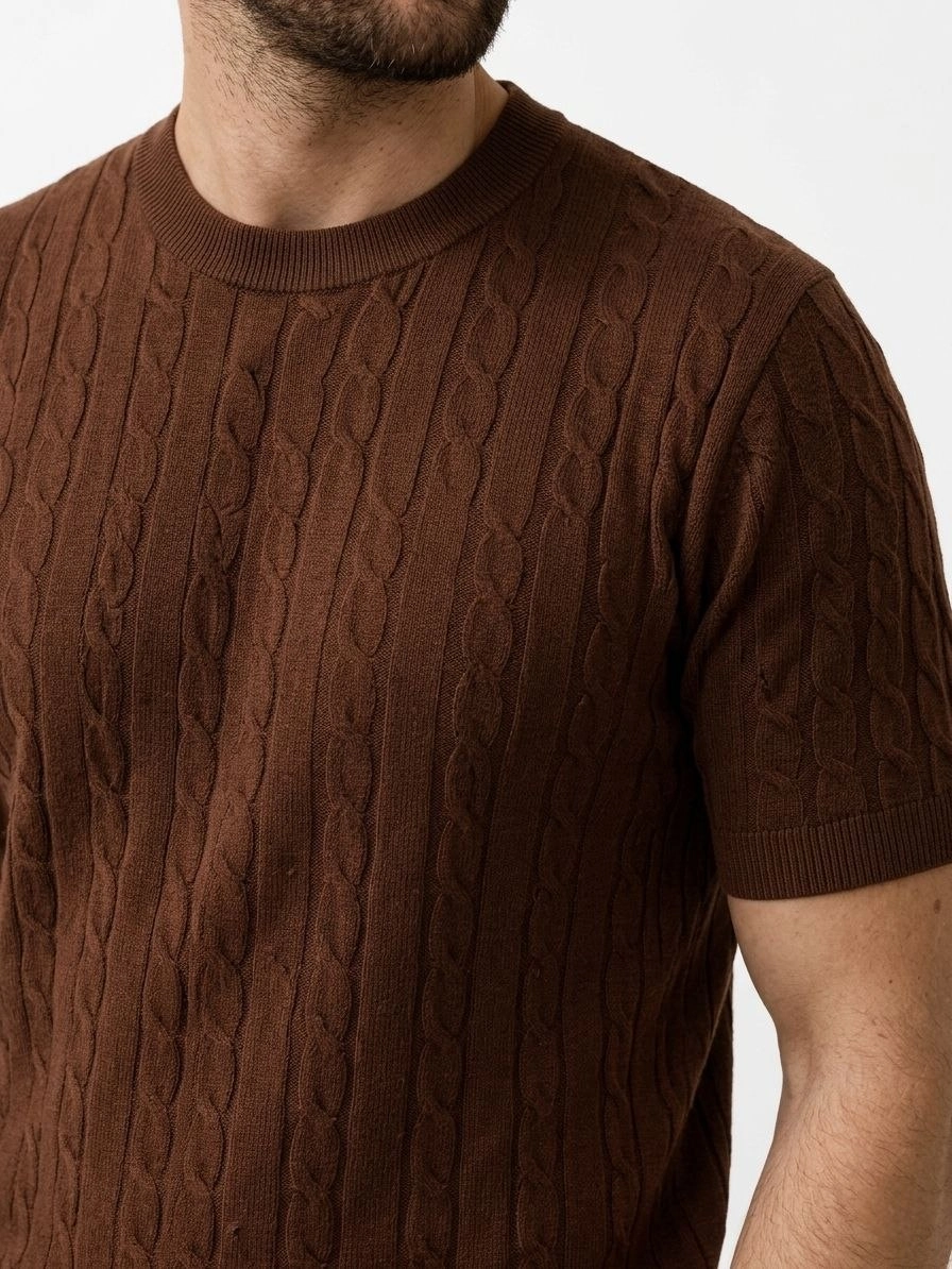 Erkek Yazlık Triko Dokuma Tişört Kısa Kol Bisiklet Yaka Örgü Desenli T-Shirt - Kahverengi