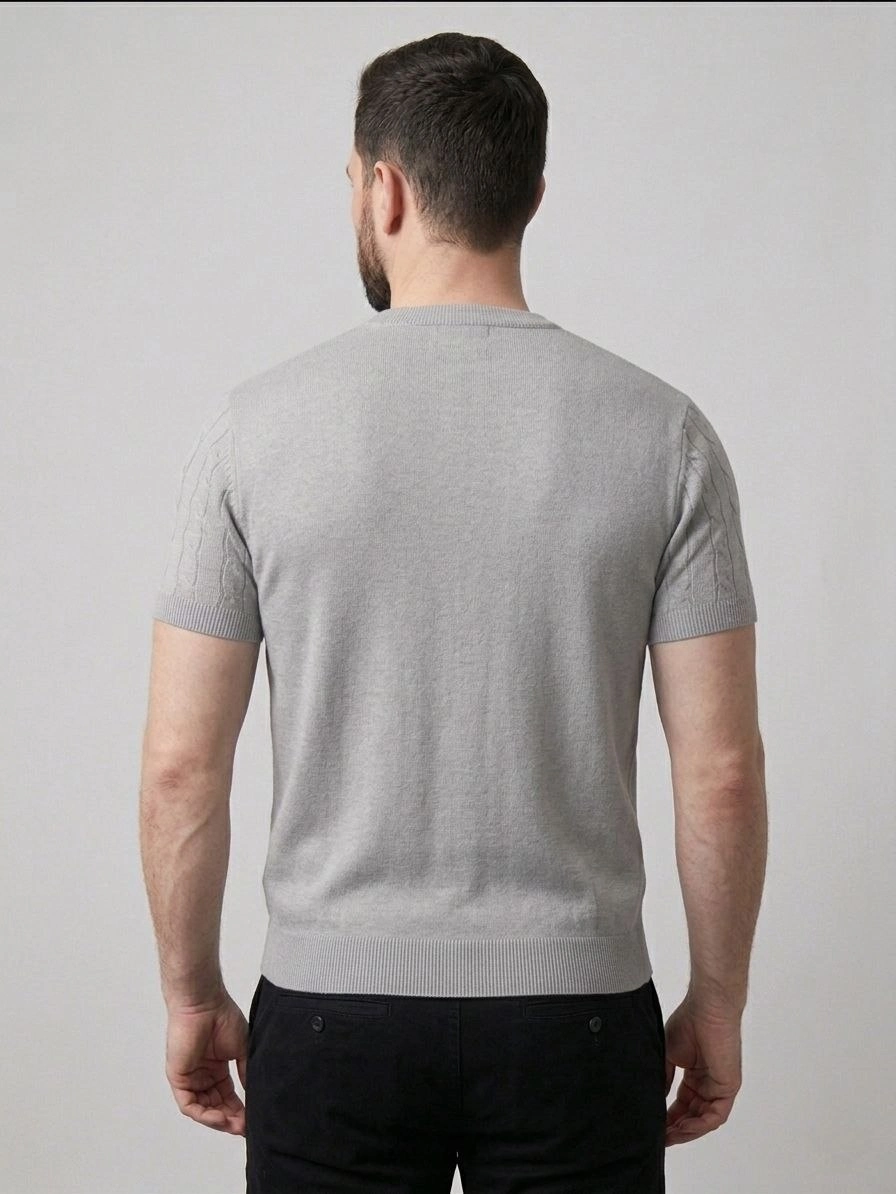 Erkek Yazlık Triko Dokuma Tişört Kısa Kol Bisiklet Yaka Örgü Desenli T-Shirt - Gri