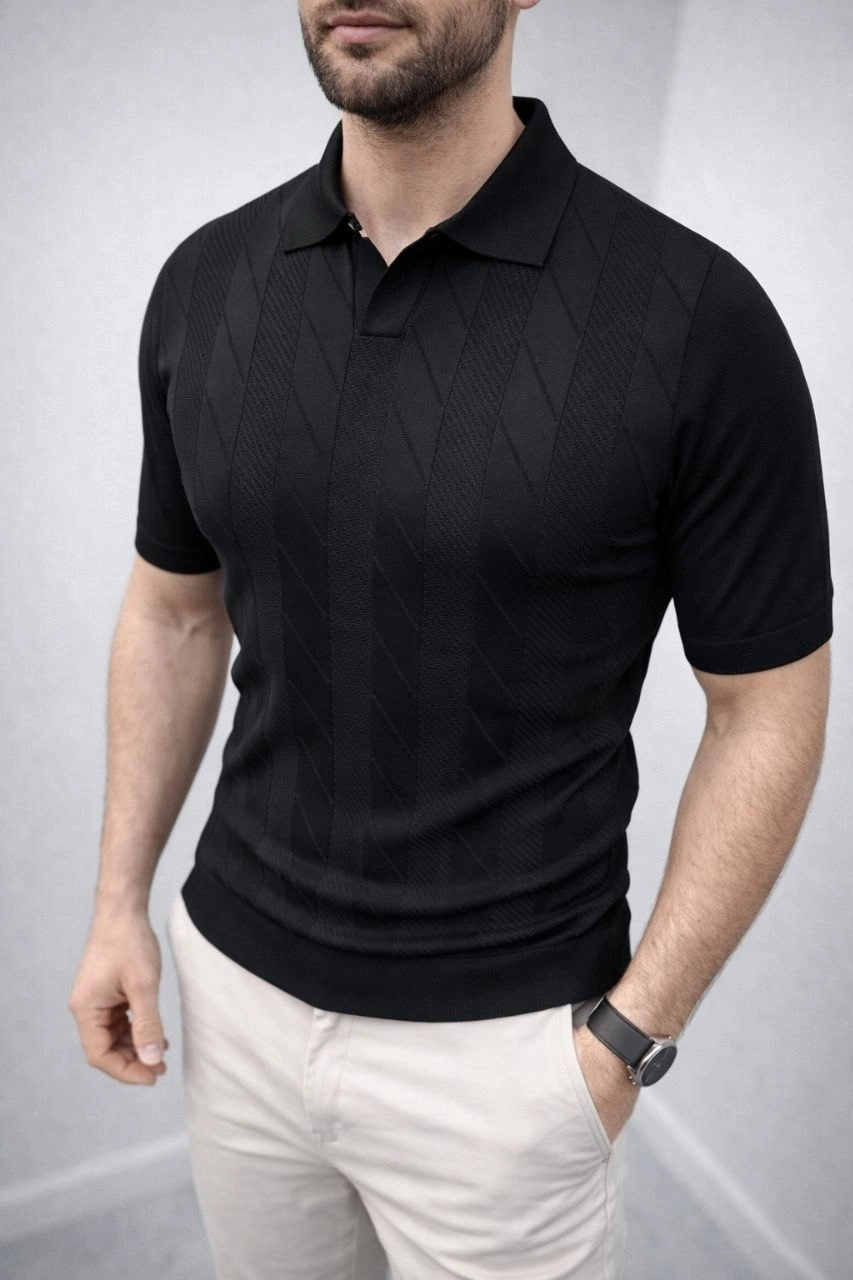 Erkek Yazlık Triko Dokuma Tişört Kısa Kol Polo Yaka T-Shirt - Siyah
