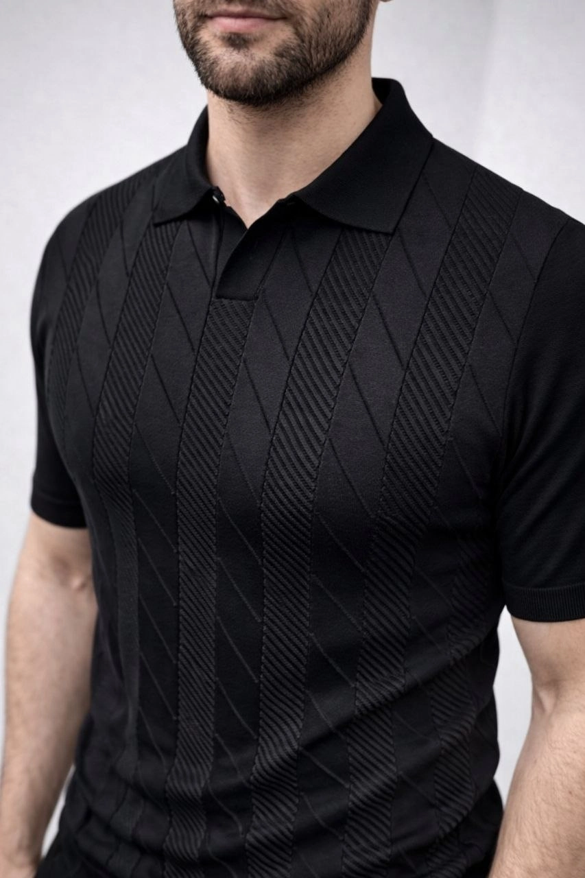 Erkek Yazlık Triko Dokuma Tişört Kısa Kol Polo Yaka T-Shirt - Siyah
