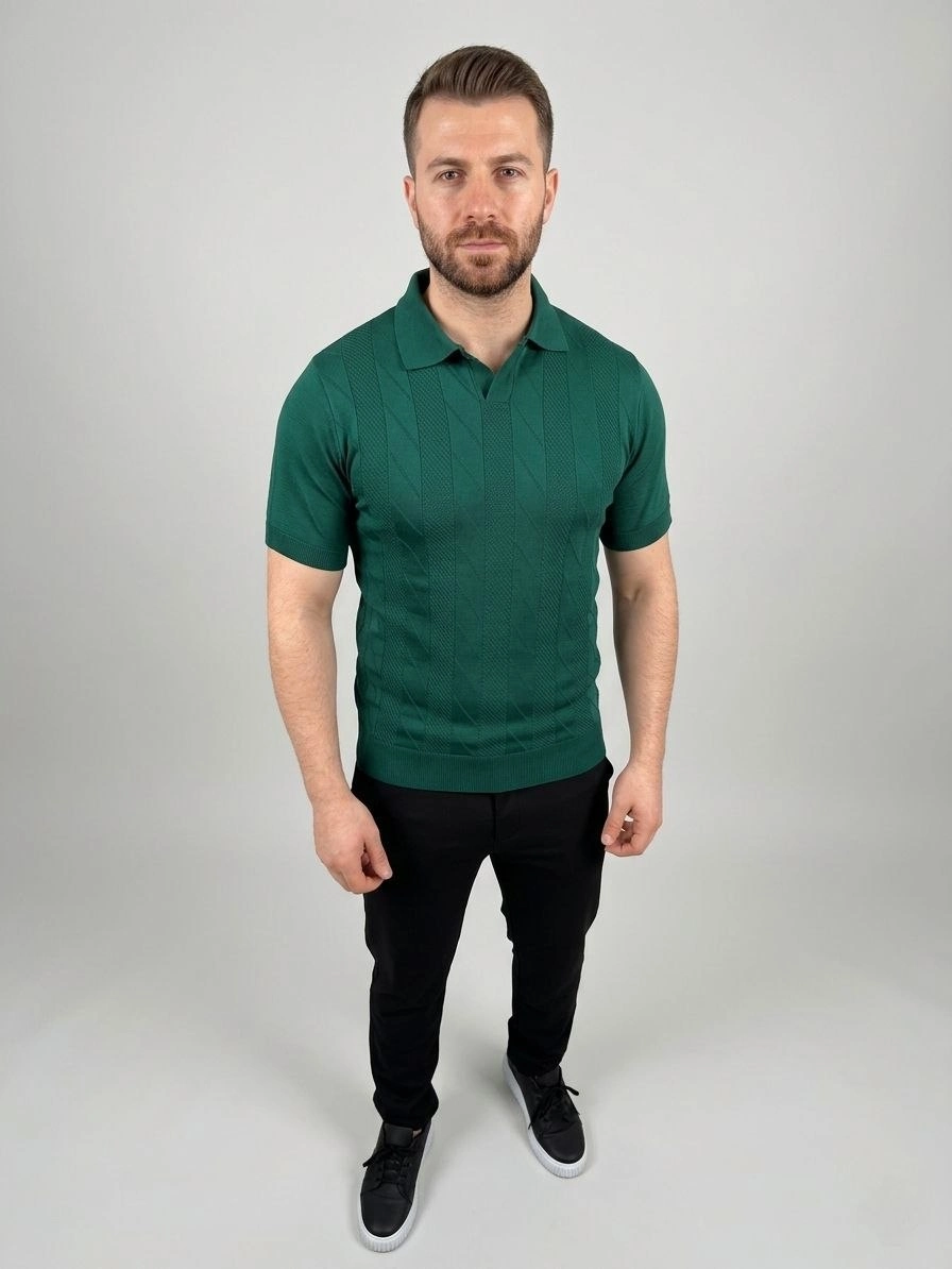 Erkek Yazlık Triko Dokuma Tişört Kısa Kol Polo Yaka T-Shirt - Koyu Yeşil