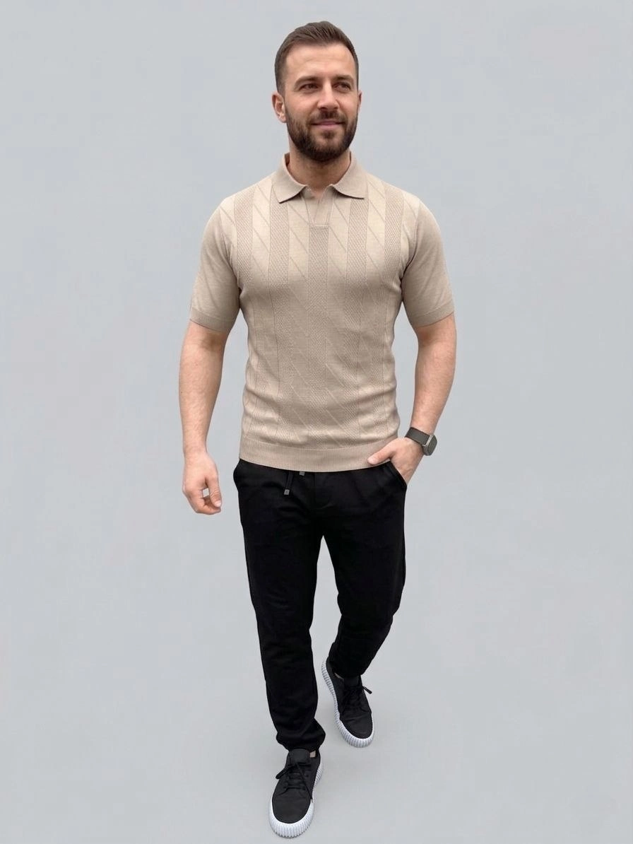 Erkek Yazlık Triko Dokuma Tişört Kısa Kol Polo Yaka T-Shirt - Bej