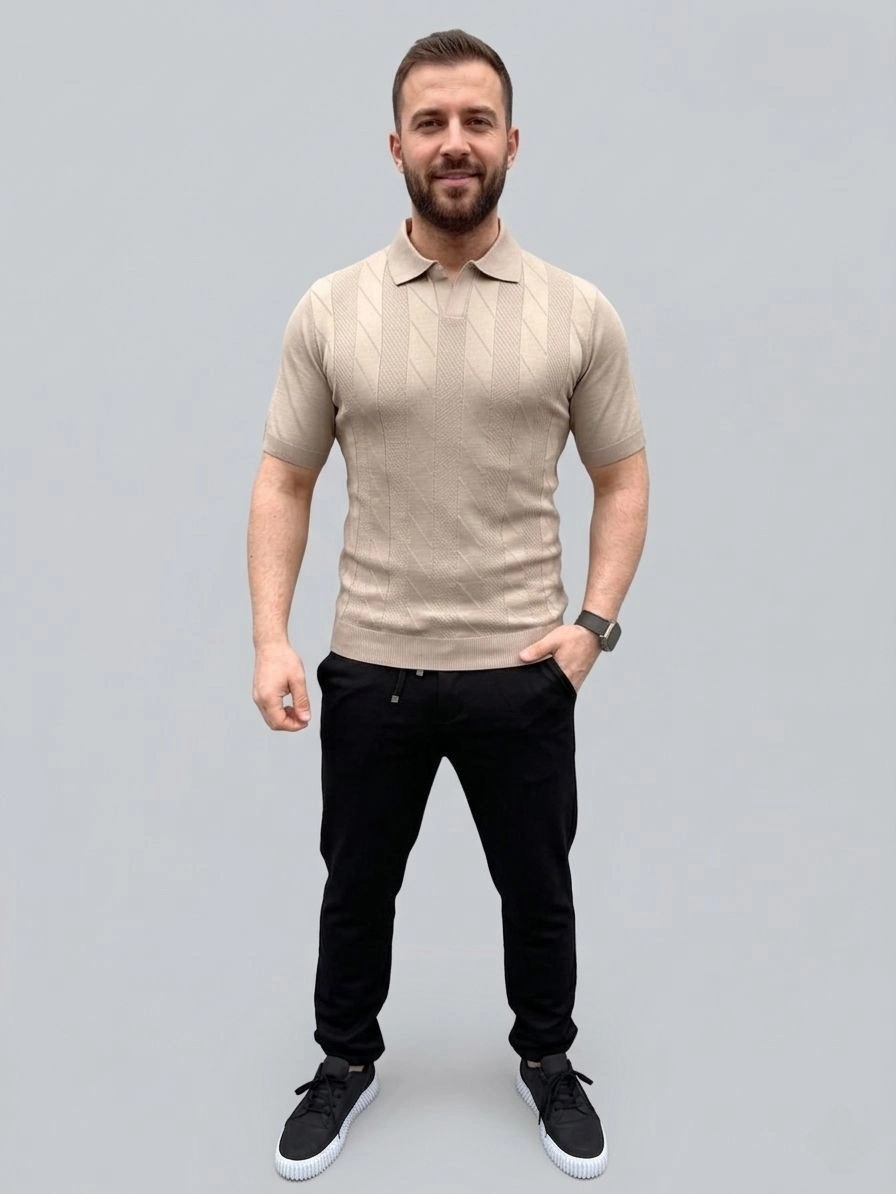 Erkek Yazlık Triko Dokuma Tişört Kısa Kol Polo Yaka T-Shirt - Bej