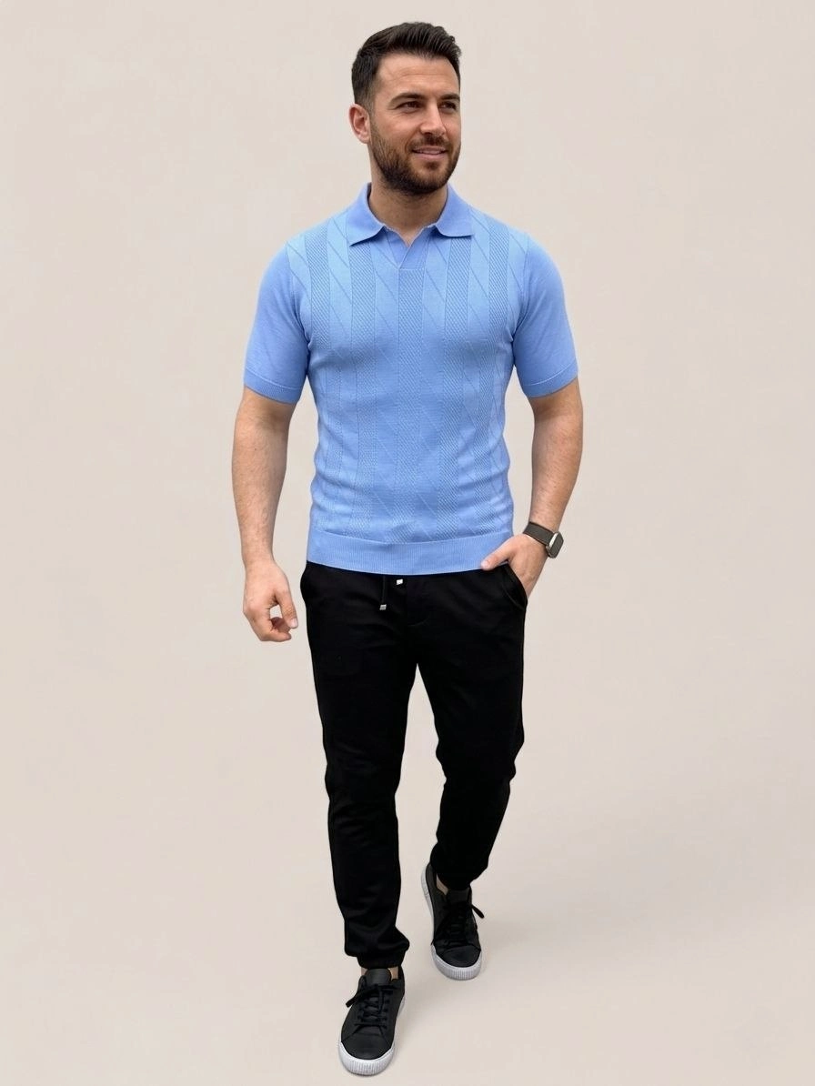 Erkek Yazlık Triko Dokuma Tişört Kısa Kol Polo Yaka T-Shirt - Bebek Mavisi