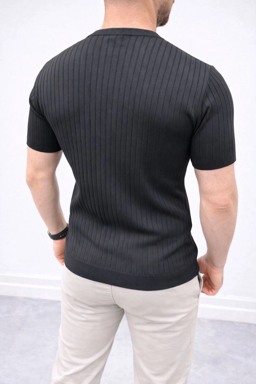 Erkek Kısa Kol Fitilli Triko T-Shirt Yazlık Hakim Yaka Tişört - Siyah