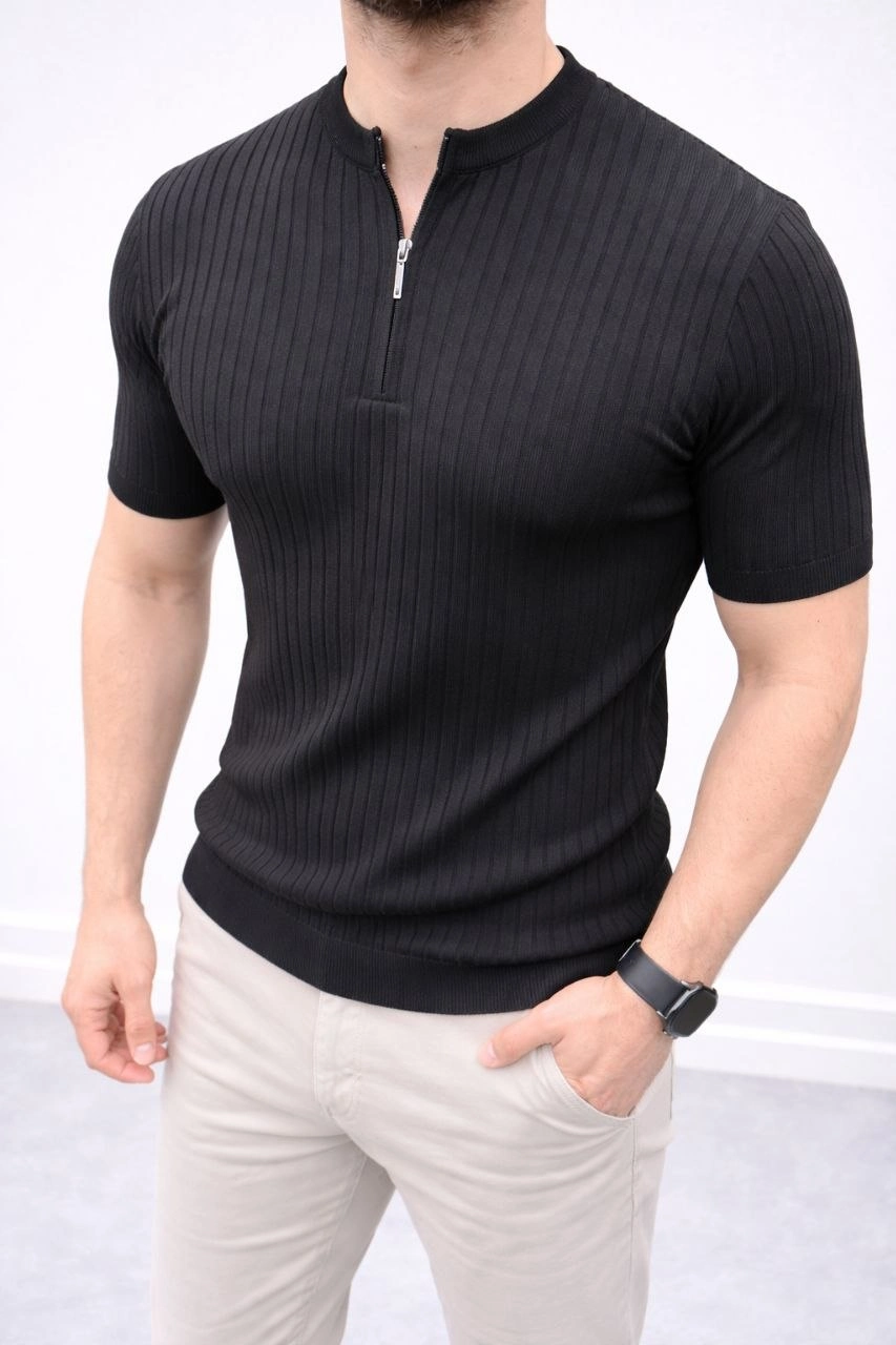 Erkek Kısa Kol Fitilli Triko T-Shirt Yazlık Hakim Yaka Tişört - Siyah