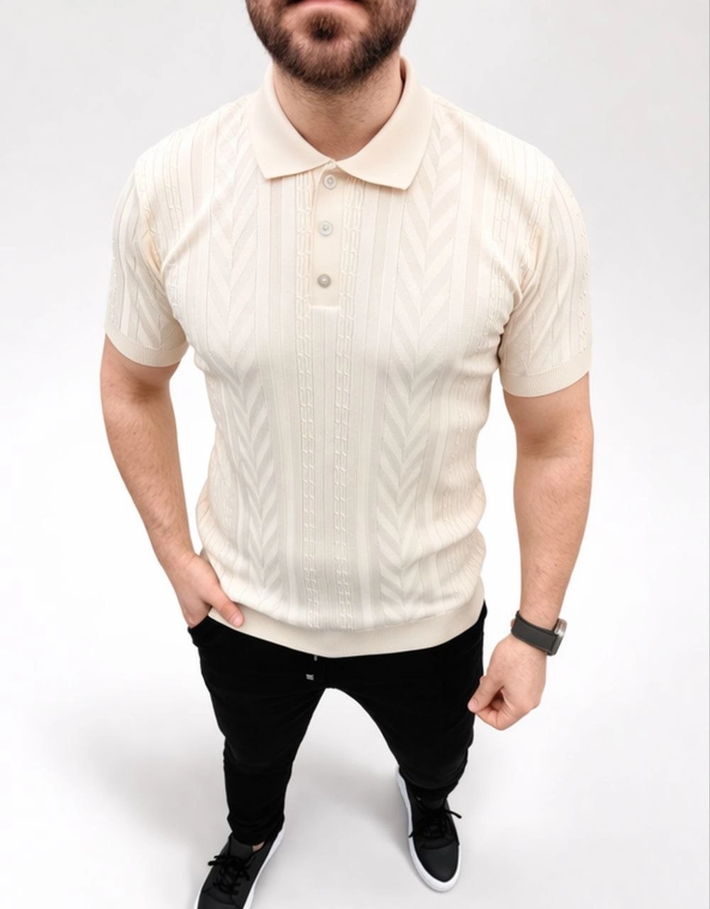 Erkek Yazlık Triko Tişört Kısa Kol Polo Yaka Düğmeli T-Shirt - Krem