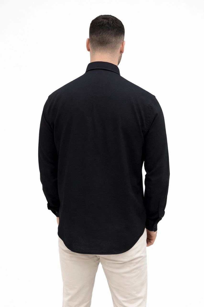 Erkek KETEN Kumaş Uzun Kollu Regular Fit Gömlek - Siyah