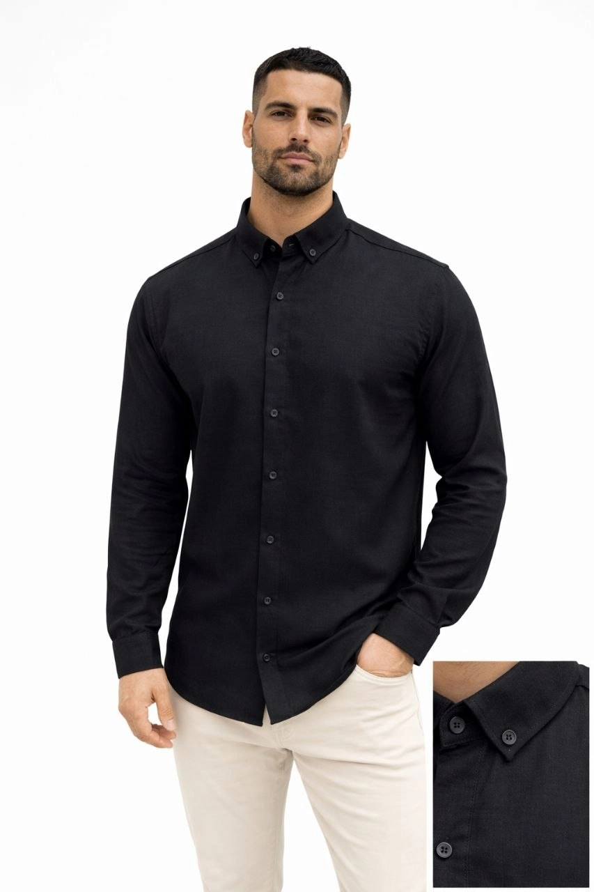 Erkek KETEN Kumaş Uzun Kollu Regular Fit Gömlek - Siyah
