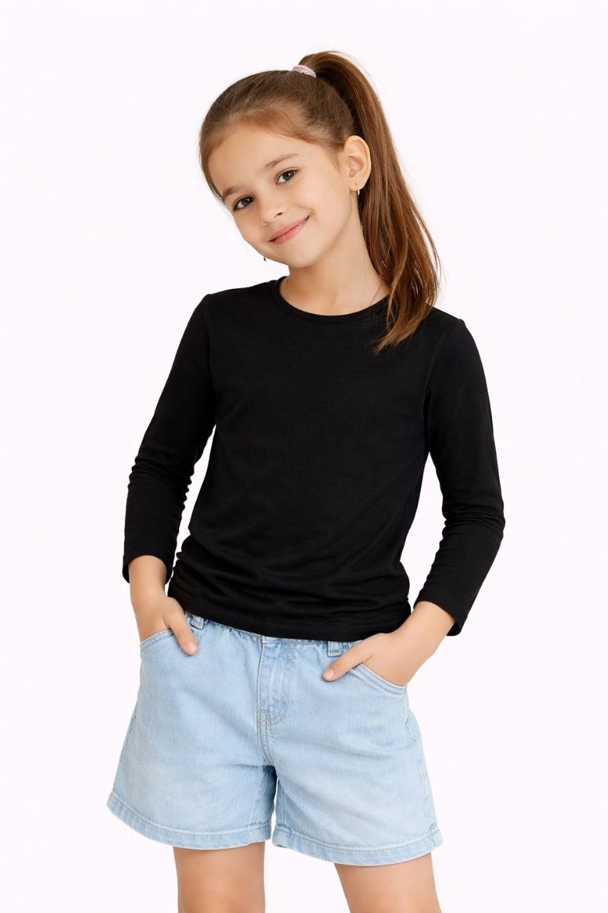 Kız Çocuk Basic Uzun Kollu Tişört Okul Günlük Rahat T-Shirt - Siyah