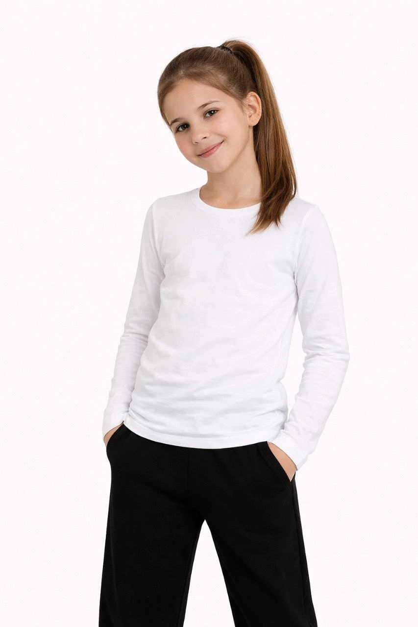 Kız Çocuk Basic Uzun Kollu Tişört Okul Günlük Rahat T-Shirt - Beyaz