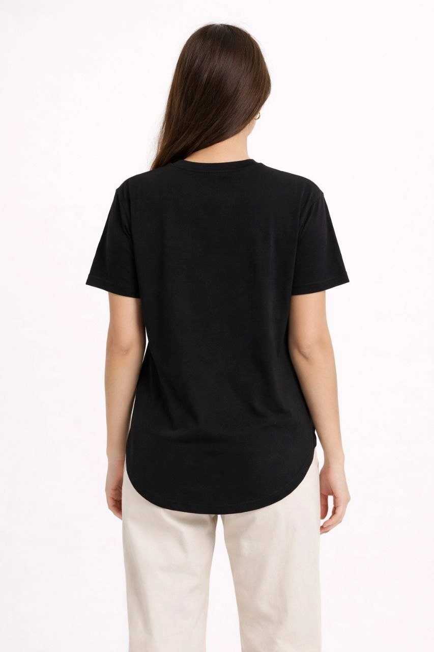Kadın Basic T-Shirt Kısa Kol Bisiklet Yaka Oval Kesim Tişört - Siyah