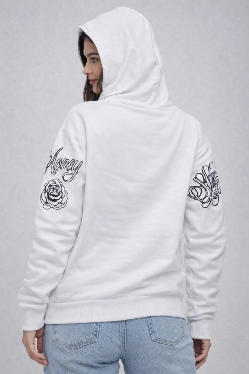 Kadın 3 İplik Pamuklu Kapüşonlu Baskılı SweatShirt hoodie - Beyaz