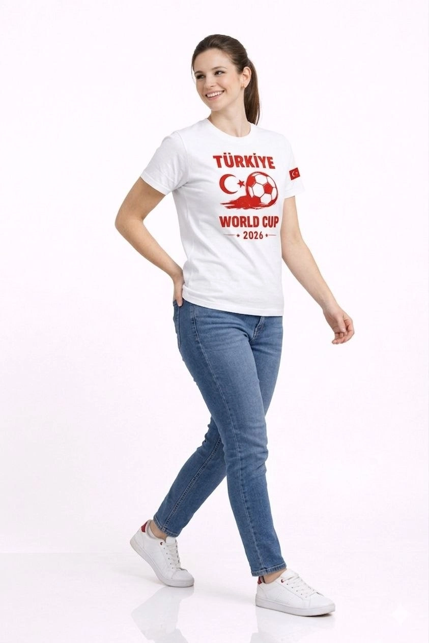 Kadın Türkiye World Cup 2026 Baskılı Tişört Futbol Temalı Forma T-Shirt - Beyaz
