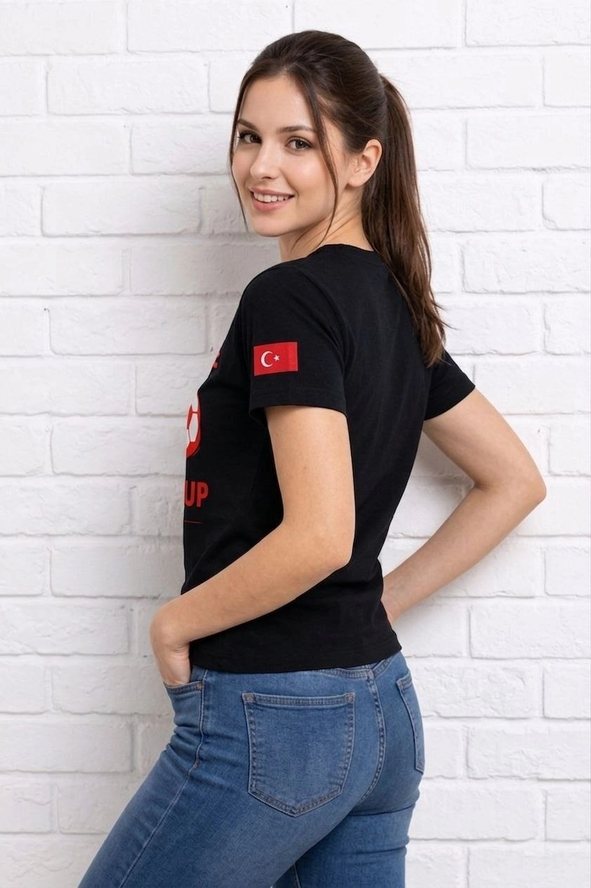 Kadın Türkiye World Cup 2026 Baskılı Tişört Futbol Temalı Forma T-Shirt - Siyah