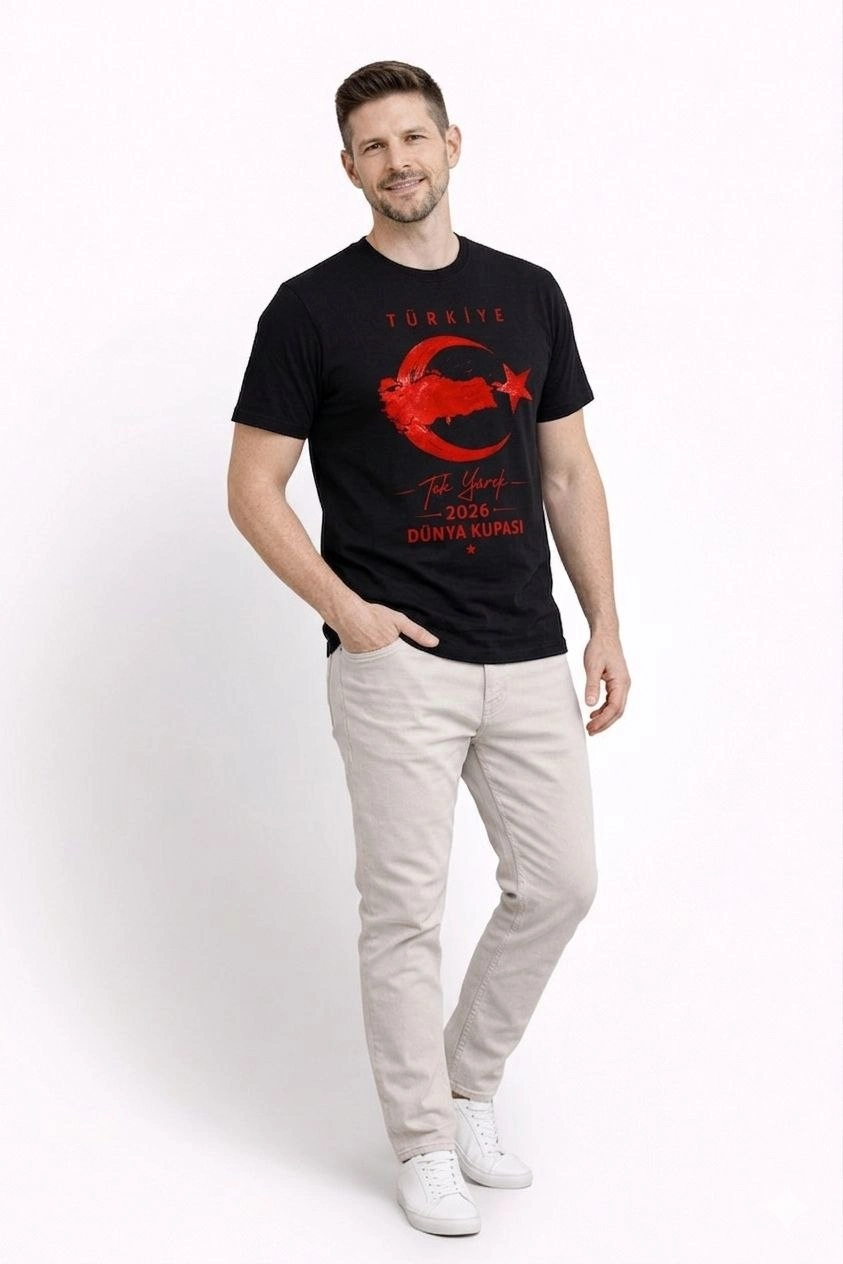 Erkek TÜRKİYE Ay Yıldız Baskılı Taraftar Forma T-Shirt - Siyah