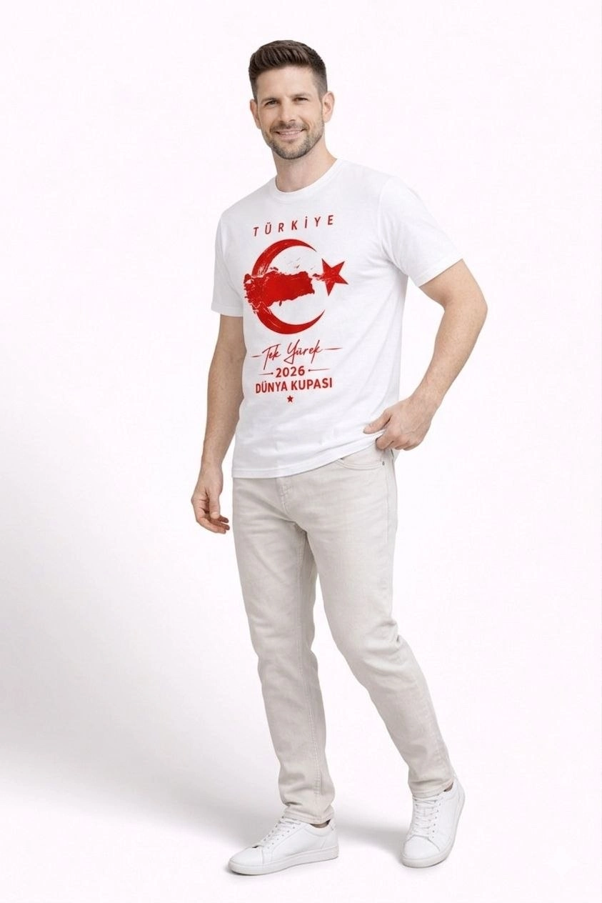Erkek TÜRKİYE Ay Yıldız Baskılı Taraftar Forma T-Shirt - Beyaz