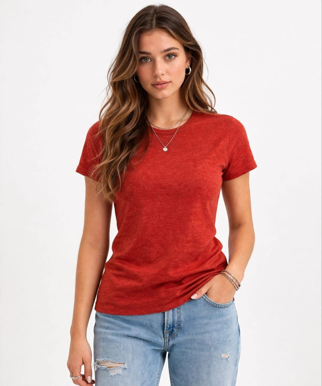 Kadın Flam Kumaş Melanj Dokulu Regular Fit Tişört Bisiklet Yaka Yazlık T-Shirt - Kiremit