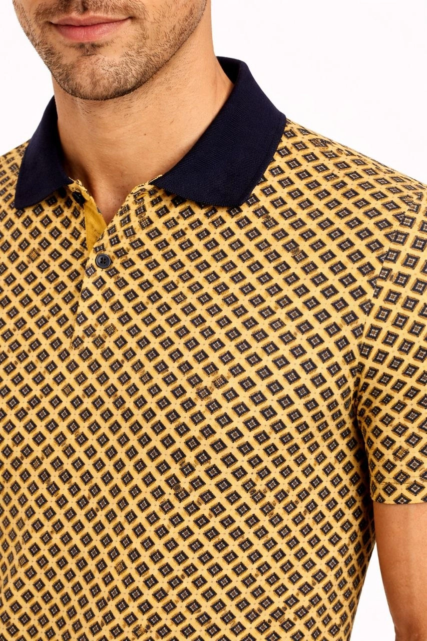 Erkek Pike Kumaş Polo Yaka Desenli Tişört Kısa Kol Yazlık T-Shirt - Sarı