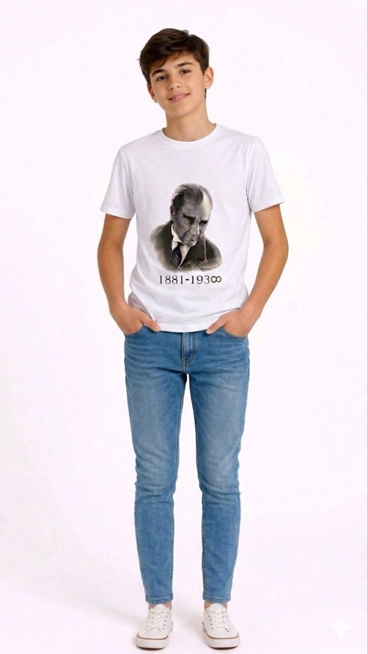 Erkek Çocuk Atatürk Baskılı Tişört Kısa Kollu Bisiklet Yaka T-Shirt - Beyaz