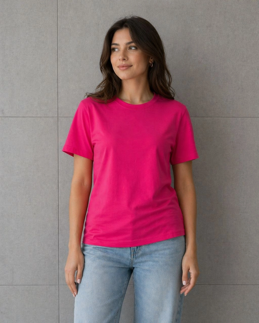 Kadın Basic Pamuklu Tişört Bisiklet Yaka Düz Renk Relaxed Fit T-Shirt - Fuşya