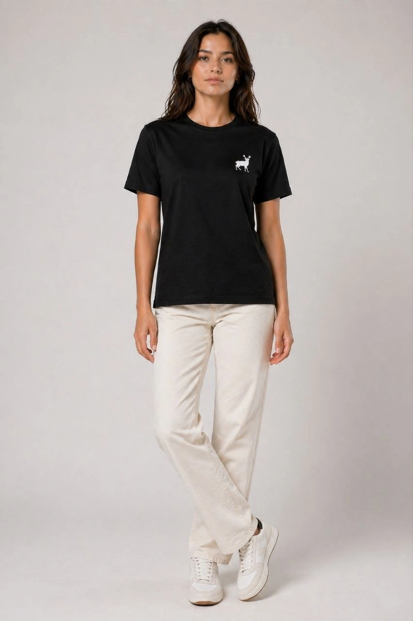 Kadın Minimal Geyik Logolu Tişört Bisiklet Yaka Kısa kol Yazlık T-Shirt - Siyah