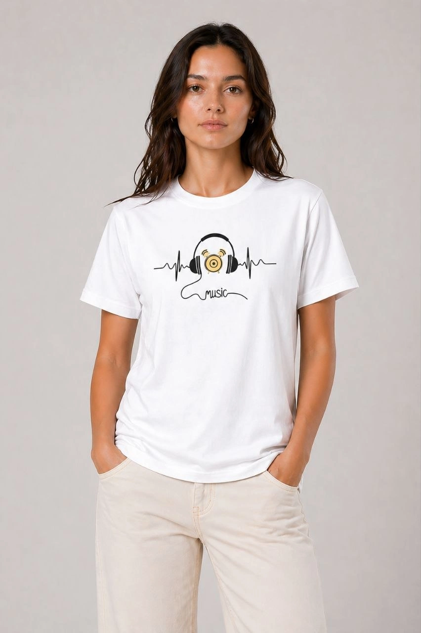 Kadın Müzik Temalı Baskılı Tişört Bisiklet Yaka Kısa Kol T-Shirt - Beyaz
