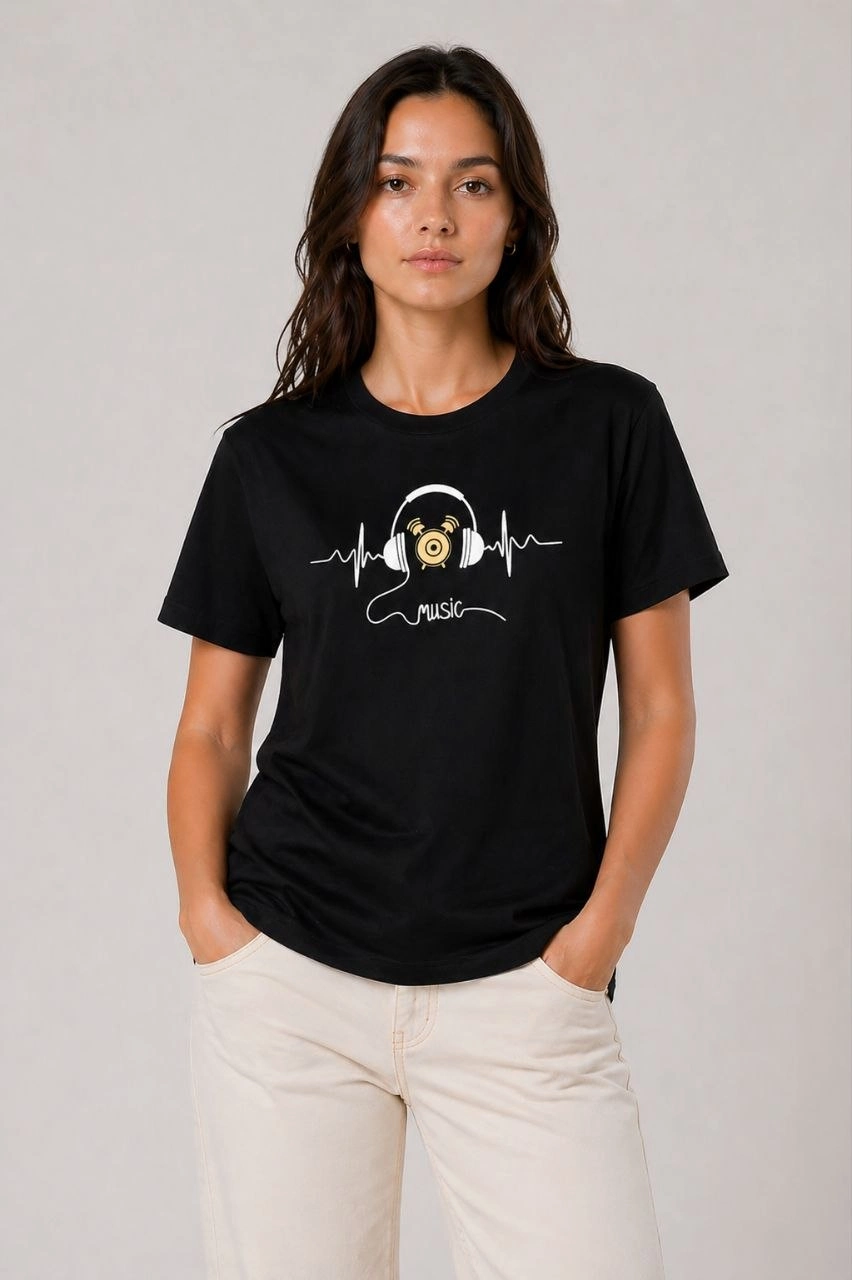 Kadın Müzik Temalı Baskılı Tişört Bisiklet Yaka Kısa Kol T-Shirt - Siyah
