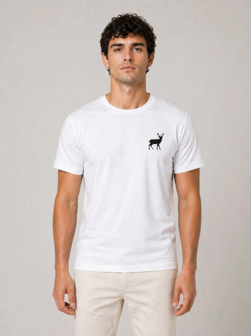 Erkek Minimal Geyik Logolu Tişört Bisiklet Yaka Kısa kol Yazlık T-Shirt - Beyaz