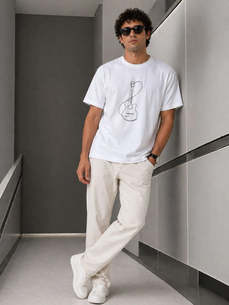 Erkek Minimal Gitar Baskılı Tişört T-Shirt Yazlık Kısa Kol Bisiklet Yaka T-Shirt - Beyaz