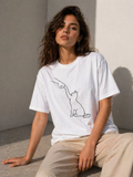 Kadın Minimal Kedi Çizim Baskılı Tişört Kısa Kol Yazlık T-Shirt - Beyaz