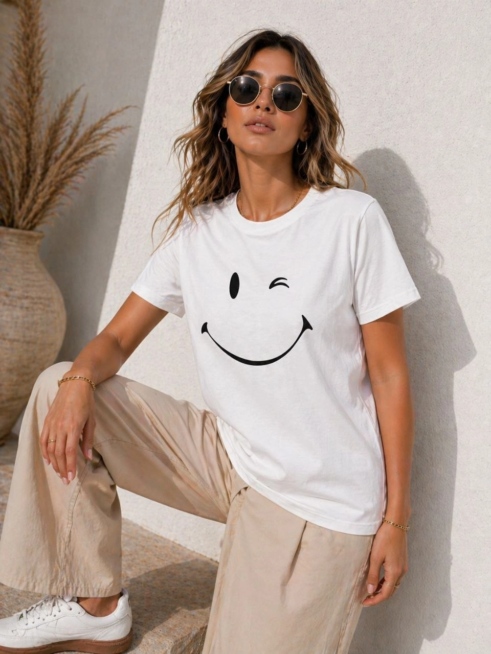 Kadın Minimal Gülümseyen Yüz Baskılı Tişört Kısa Kol Yazlık T-Shirt - Beyaz