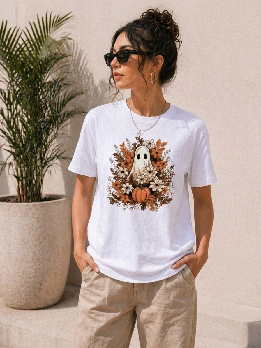 Kadın Balkabağı Hayalet Baskılı Tişört Kısa Kol Yazlık T-Shirt - Beyaz