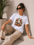 Kadın Balkabağı Hayalet Baskılı Tişört Kısa Kol Yazlık T-Shirt - Beyaz