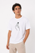 Erkek Kore Parmak Kalp Aşk Temalı Minimal Baskılı Tişört Yazlık Kısa Kol T-Shirt - Beyaz