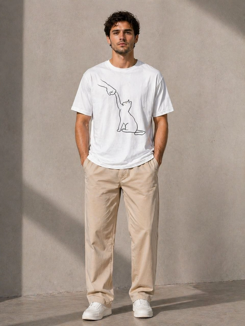 Erkek Minimal Kedi Çizim Baskılı Tişört Kısa Kol Yazlık T-Shirt - Beyaz