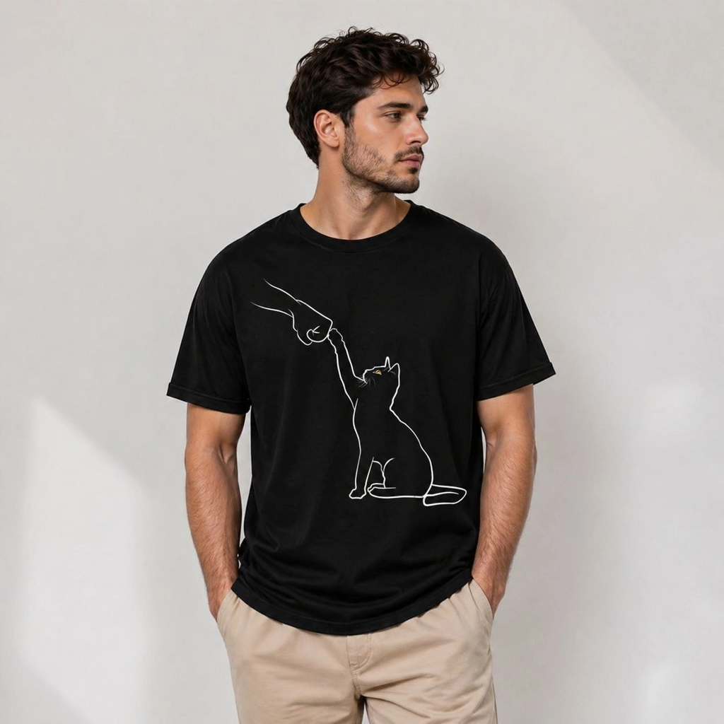 Erkek Minimal Kedi Çizim Baskılı Tişört Kısa Kol Yazlık T-Shirt - Siyah
