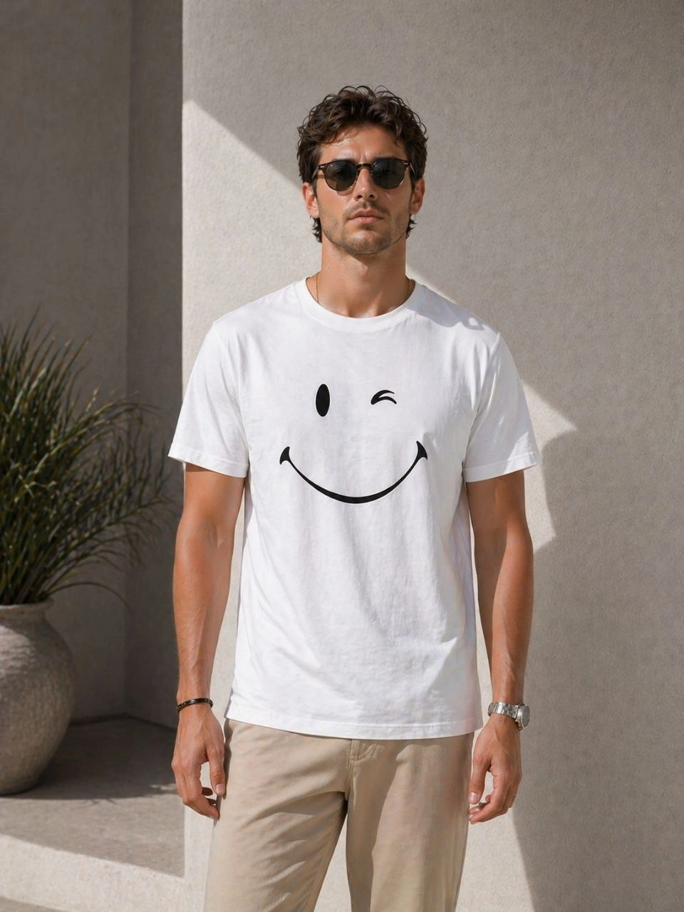 Erkek Minimal Gülümseyen Yüz Baskılı Tişört Kısa Kol Yazlık T-Shirt - Beyaz