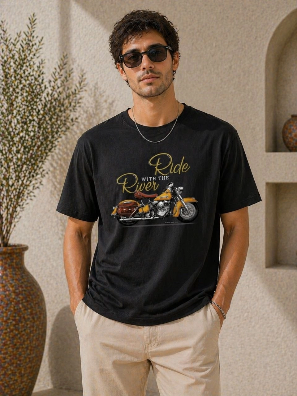 Erkek Motosiklet Baskılı Tişört Bisiklet Yaka Kısa Kol Yazlık T-Shirt - Siyah