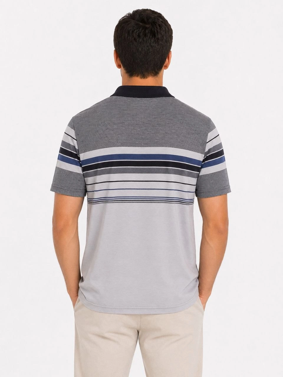 Erkek Flamlı Penye Çizgili Polo Yaka Tişört Kısa Kol Yazlık T-Shirt - Gri