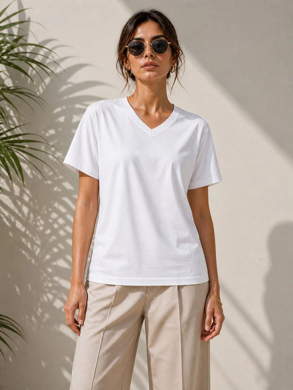 Kadın V Yaka Basic Tişört Kısa Kol Yazlık Regular Fit T-Shirt - Beyaz