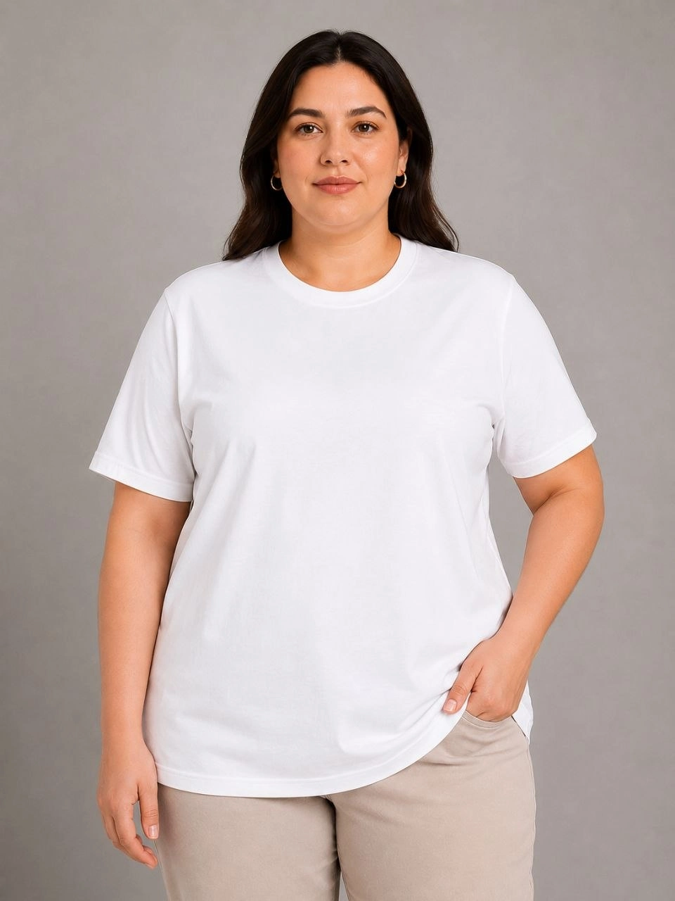 Kadın Battal Big Size Basic Tişört Bisiklet Yaka Rahat Kalıp T-Shirt - Beyaz