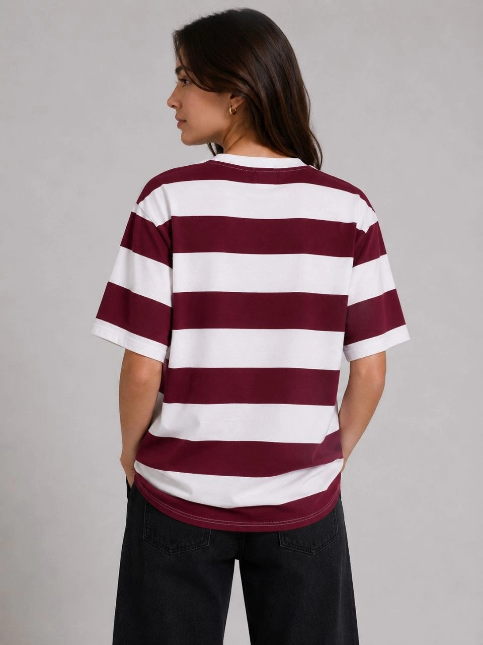Kadın Çizgili Oversize Tişört Bisiklet Yaka Kısa Kol Yazlık T-Shirt - Bordo