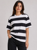 Kadın Çizgili Oversize Tişört Bisiklet Yaka Kısa Kol Yazlık T-Shirt - Siyah