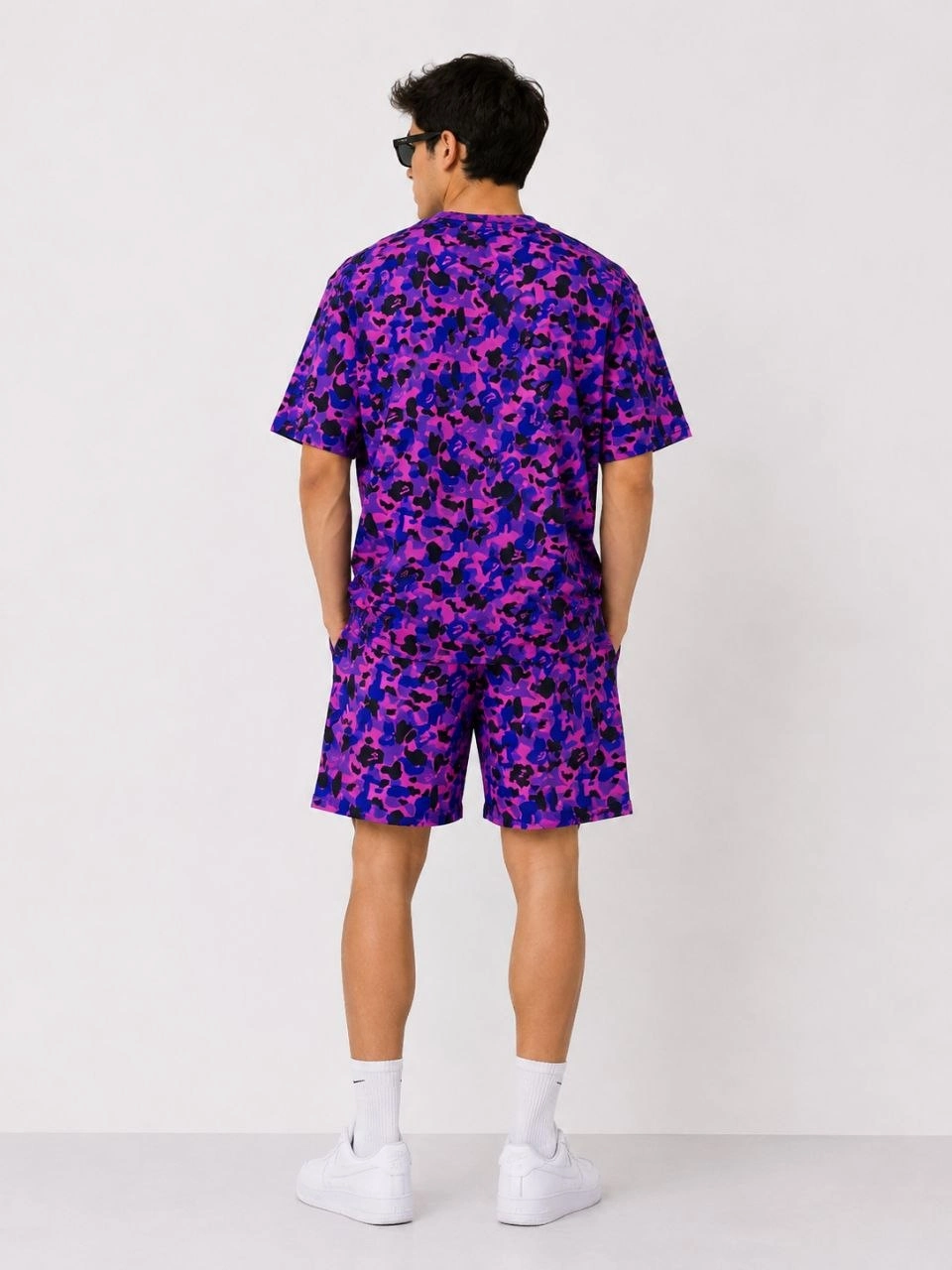 Erkek Oversize Kalıp Pubg Bape X Shark Nakışlı Cepli Şort Takım - Mor
