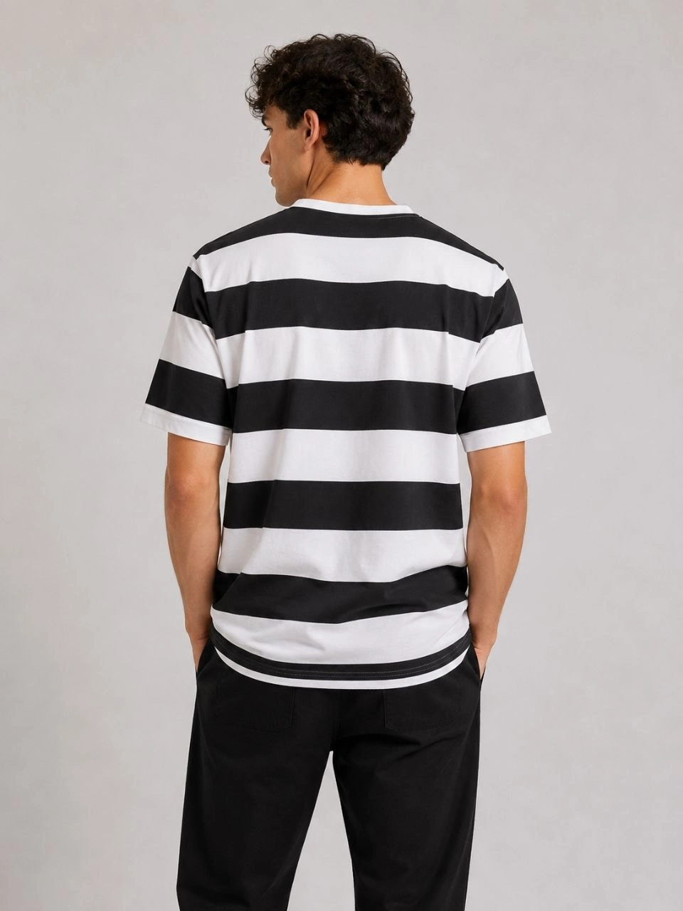 Erkek Çizgili Oversize Tişört Bisiklet Yaka Kısa Kol Yazlık T-Shirt - Siyah