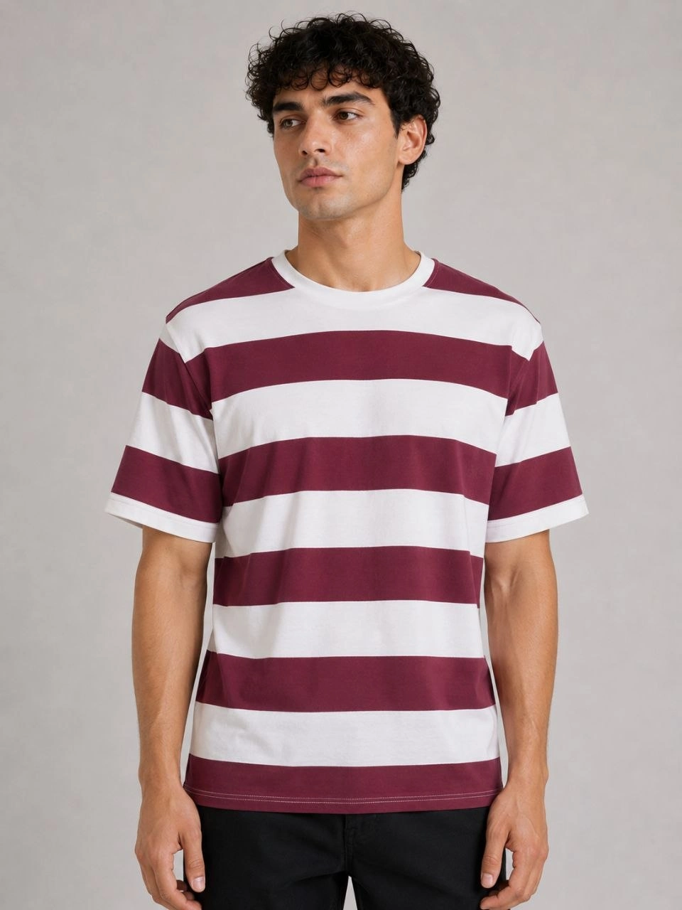 Erkek Çizgili Oversize Tişört Bisiklet Yaka Kısa Kol Yazlık T-Shirt - Bordo