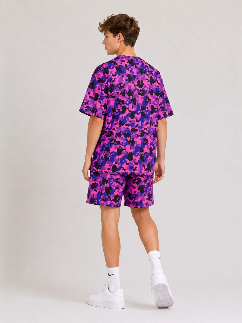 Erkek Çocuk Oversize Kalıp Pubg Bape X Shark Nakışlı Cepli Şort Takım - Mor