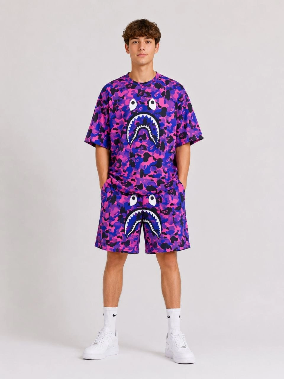 Erkek Çocuk Oversize Kalıp Pubg Bape X Shark Nakışlı Cepli Şort Takım - Mor